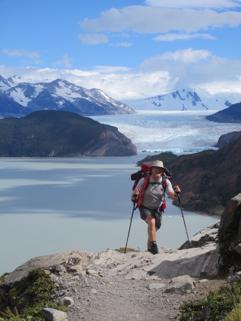 At the height of land with Grey Glacier in the background.