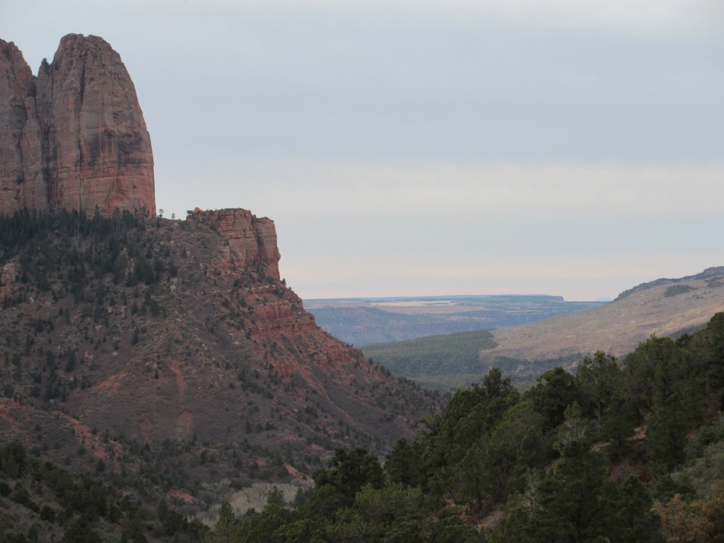 View of Kolob Canyons to the left, with the trail barely visible in the bottom right